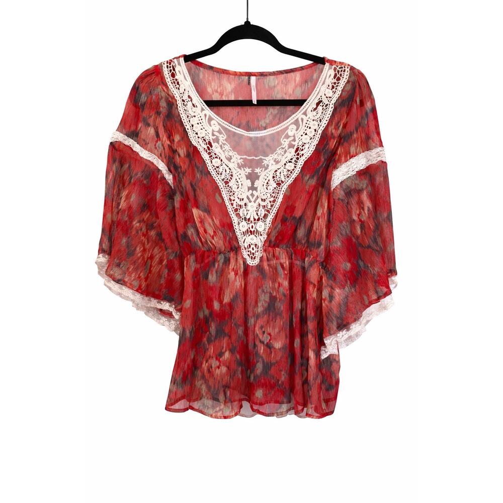 Free People Boho Sheer Lace Bell Sleeve Floral Tuni Medium Festival Romantic